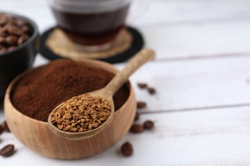 Different types of instant coffee and beans on white wooden table, closeup. Space for text