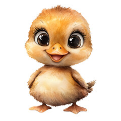 Cute baby duck with adorable features and playful expressions. Animal character with smiling face and big eyes. Watercolor illustration isolated on transparent background.