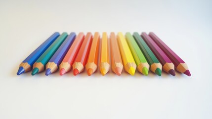 Naklejka premium 12 colored pencils lined up side by side in the raibow color order,