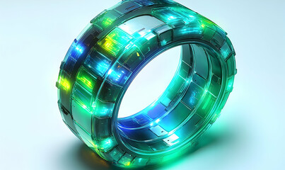 Futuristic ring with metallic structure and illuminated geometric details