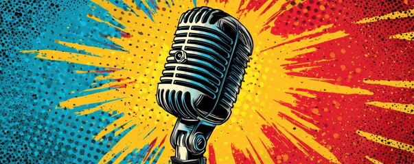 Vintage Microphone on Colorful Background with Dynamic Explosion of Colors in Retro Comic Style Art