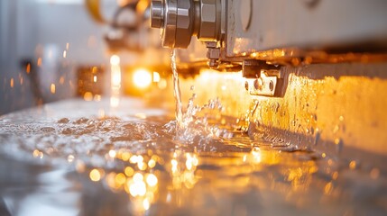 Water flowing from machinery during industrial processing in a manufacturing facility at dusk