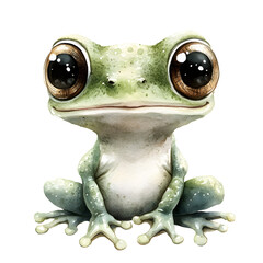 Cute baby frog in a sitting position with adorable features and playful expressions. Animal character with smiling face and big eyes. Watercolor illustration isolated on transparent background.