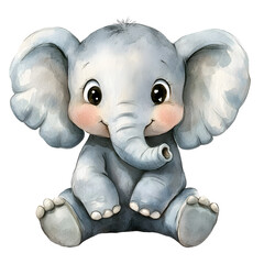 Cute baby elephant in a sitting position with adorable features and playful expressions. Animal character with smiling face and big eyes. Watercolor illustration isolated on transparent background.