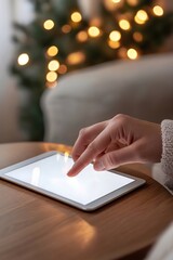 A human hand gently tapping on a modern tablet screen in a cozy indoor environment