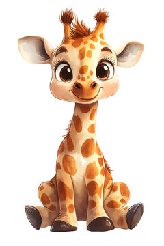 Cute baby giraffe in a sitting position with adorable features and playful expressions. Animal character with smiling face and big eyes. Watercolor illustration isolated on transparent background.
