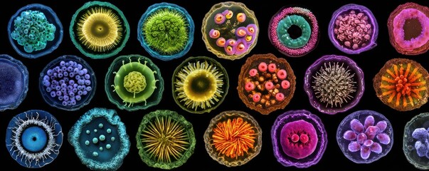 Microscopic View of Vibrant Microorganisms and Cellular Structures Under Scientific Examination