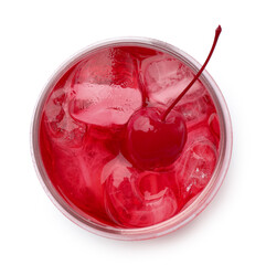 Tasty cherry soda water with ice cubes and berry isolated on white, top view