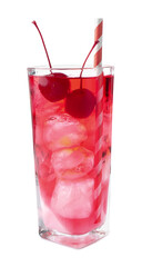 Tasty cherry soda water with ice cubes and berries isolated on white