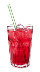 Tasty cherry soda water with ice cubes isolated on white