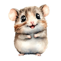 Cute baby hamster in a sitting position with adorable features and playful expressions. Pet character with smiling face and big eyes. Watercolor illustration isolated on transparent background.
