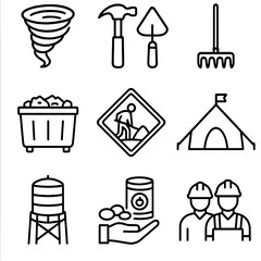Tornado Recovery Icons. Outline style icons of tornado recovery: repair hammer, rebuilding tool, cleanup rake, debris bin,