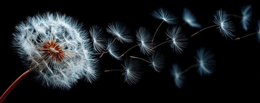 Delicate Dandelion Seed Head Spreading Seeds with Wind Against Dark Background in Beautiful Close-Up Photography