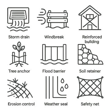 Tornado Prevention Icons. Outline style icons of tornado prevention: storm drain, windbreak fence, reinforced building, tree