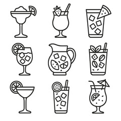 Summer Cocktail Icons. Outline style icons of Summer Cocktails: frozen margarita, strawberry daiquiri, watermelon cooler, citrus