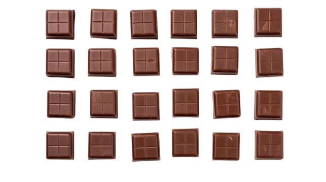 Delicious chocolate squares arrayed on transparent background offer a tasty treat.