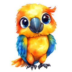 Cute baby macaw with adorable features and playful expressions. Bird character with smiling face and big eyes. Watercolor illustration isolated on transparent background.