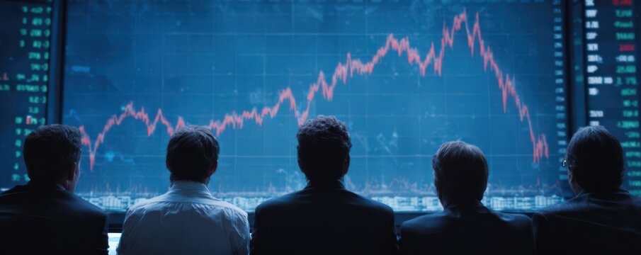 Group of financial analysts observing stock market trends on large screen with fluctuating graphs and data in a modern office setting