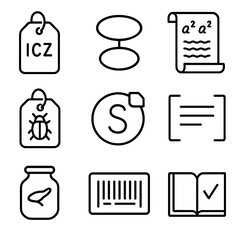 Taxonomy Icon Set. Outline style icons of Taxonomy Labels and Codes: ICZN tag, binomial name icon, Latin text scroll, species tag