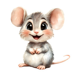 Cute baby mouse in a sitting position with adorable features and playful expressions. Animal character with smiling face and big eyes. Watercolor illustration isolated on transparent background.
