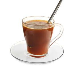 Tasty coffee and spoon in cup isolated on white