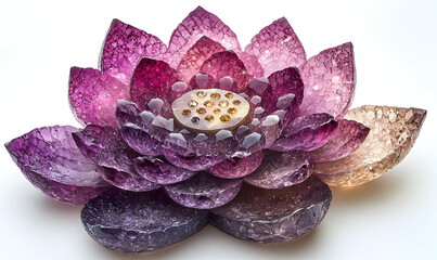 Decorative translucent lotus flower object in shades of purple and gold, set against a clean white background