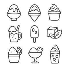 Ice and Sweet Combos. Outline style icons of Ice and Sweet Combos: shaved ice with syrup, snow cone and sprinkles, frozen yogurt