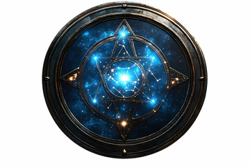 Ornate emblem with a six-pointed star on a cosmic background, encircled by a dark metal frame, glows subtly
