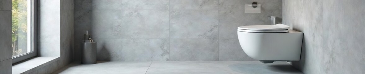 Serene Minimalist Bathroom Sleek White Toilet and Grey Tiles, Clean Lines, Bright Airy Atmosphere, Chic and Sophisticated Design