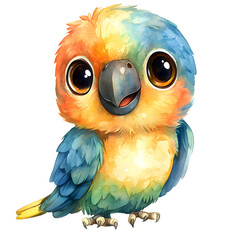 Cute baby parrot with adorable features and playful expressions. Bird character with smiling face and big eyes. Watercolor illustration isolated on transparent background.