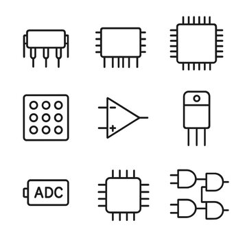 Integrated Circuit Icons. Line style icons of Integrated Circuits: 8-pin DIP IC, 16-pin SOIC, 32-pin QFP, BGA package, op-amp
