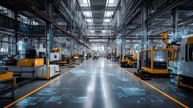 Industry 4.0 smart factory interior showcases advanced automation, machinery, and robotics in a futuristic industrial setting. Innovation, engineering, and interconnected systems .