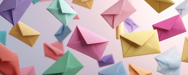 Obraz premium Colorful Floating Envelopes in Various Shades Creating a Cheerful Atmosphere of Communication and Connection