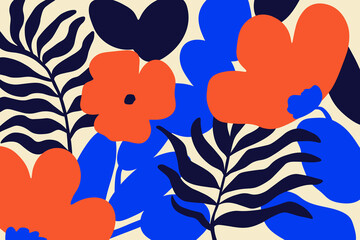 Red hand drawn flowers, blue palm leaves and blobs an beige background. Abstract poppy and tropical leaf in matisse art style. Primitive vector art design