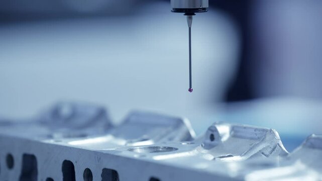 Cnc coordinate measuring machine analyzing engine truck block accuracy in manufacturing