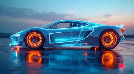 Futuristic Electric Sports Car Glowing on Wet Pavement at Dusk, sleek design, vibrant neon accents, surreal atmosphere, innovation, technology, luxury Vector Illustration