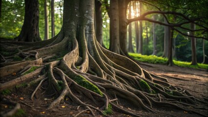 Large tree roots sprawling across the forest floor with sunlight filtering through dense green foliage in the background.
