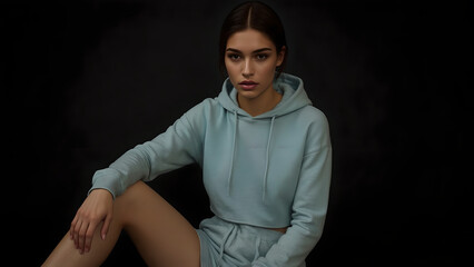 Fototapeta premium Portrait of a Young Woman in a Light Blue Hoodie and Denim Shorts