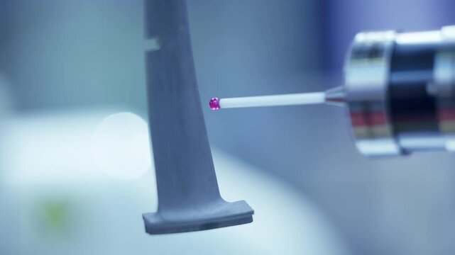 Precision cnc coordinate measuring machine analyzing metal blade of turbine for accuracy