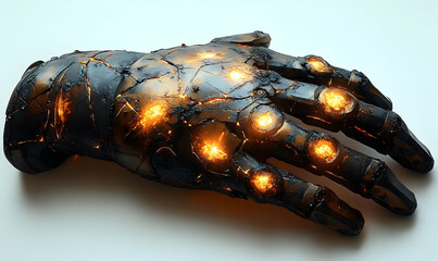 Hand sculpture with glowing points, dark and textured finish, resting on a plain surface, creating a surreal effect