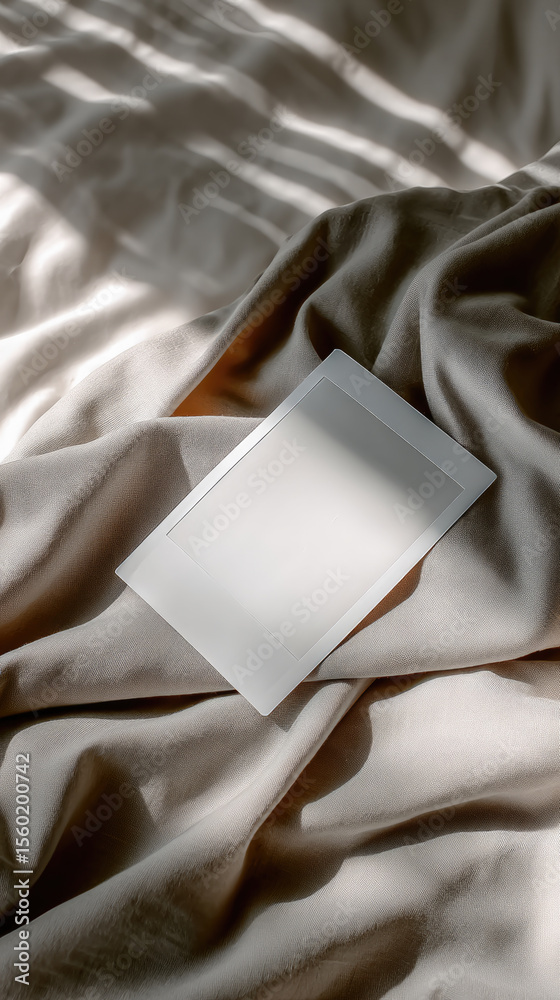 Poster blank instant photo paper on soft beige fabric with sunlight and shadow, minimal and calm mood, perf
