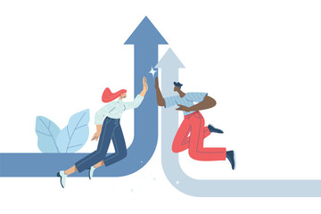 Businessman and woman jumping and high five, Growth strategy, Hand gesture with friends, Achieving goals, Project success, Converging paths to success. Flat vector design illustration.