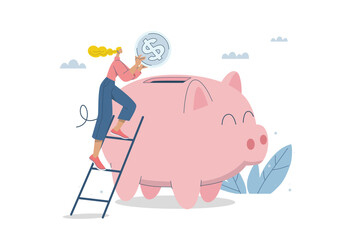 Young woman is putting coins into piggy bank, Saving and investment concept, Investing in future, Personal finance management and financial knowledge, Flat design vector illustration.