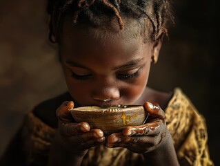 An African girl drinking water from bowl.