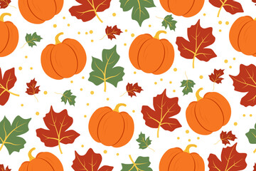 Autumn pumpkins and leaves seamless pattern. October harvest. Thanksgiving and Halloween. Vector illustration for fabric, textures, wallpapers, posters, cards and backgrounds.