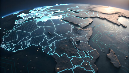Digital earth with glowing blue circuit lines and country borders.