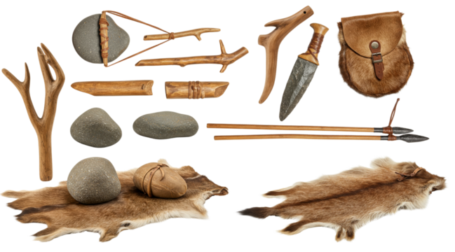 Primitive hunting tools and accessories on transparent background  