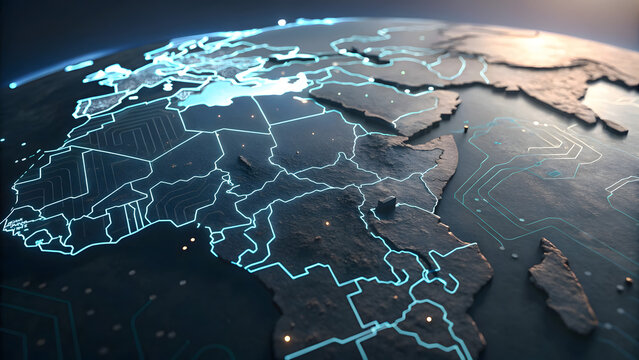 Digital earth with glowing blue circuit lines and country borders.