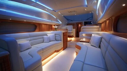 Fototapeta premium Luxury yacht cabin interior featuring white leather seats, wooden paneling, and soft ambient lights. .