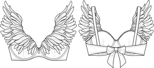 Fototapeta premium Fantasy wing bra fashion sketch, cad drawing flat vector illustration, front and back view with detailed feather and bow design